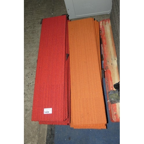 1426 - A quantity of red and orange carpet tiles approx 80 size approx 100x25cm