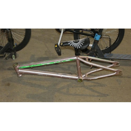 2281 - 1 x BMX bike, 1 x bicycle frame and 2 x scooters - One of the scooters has a broken wheel