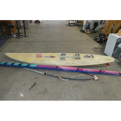 2292 - 1 x Kerma Shape Bormiou wind surfing board supplied with a mast and sail approx 373cm long (1 fin fi... 