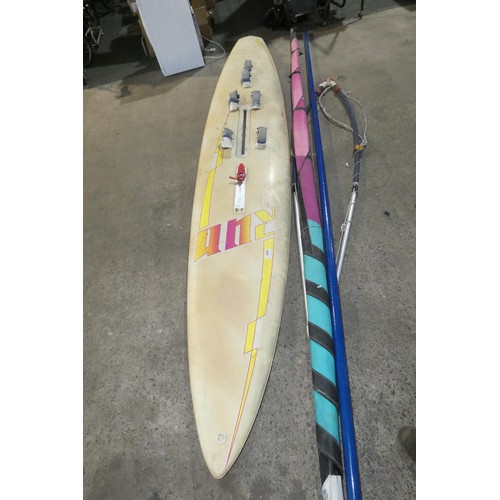 2292 - 1 x Kerma Shape Bormiou wind surfing board supplied with a mast and sail approx 373cm long (1 fin fi... 