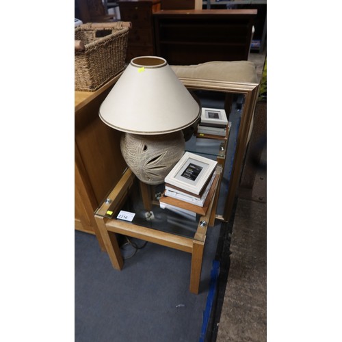 2216 - 1 x glass topped wooden coffee table, 1 x table lamp with shade 240v, 1 x mirror and 7 x various pho... 