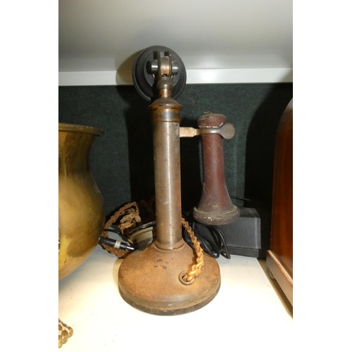 3032 - A vintage GPO No. 150 candlestick telephone, vintage Bakelite mains radio, a brass jardinier, a wood... 