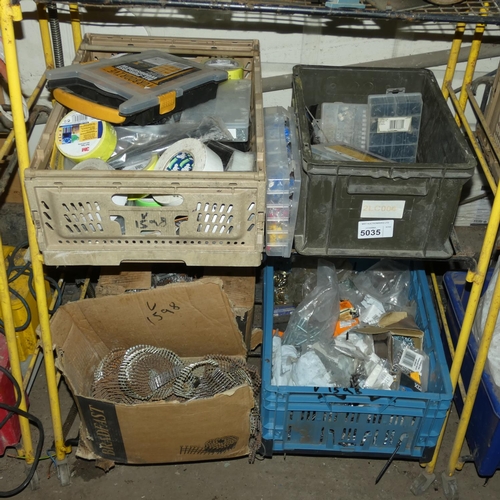 5035 - A quantity of various items including coil nails, rolls of tape, wire terminals, screws etc. Content... 