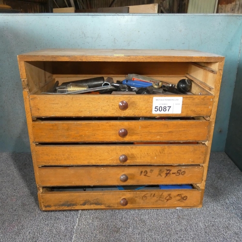 5087 - 1 x engineers wooden tool chest containing various precision engineering items. Not practical to lis... 