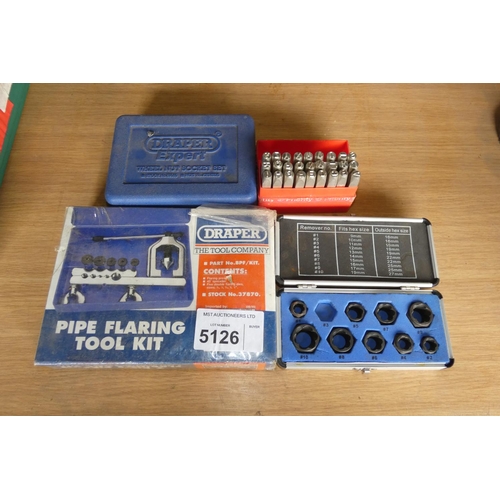 5126 - 1 x Draper wheel nut socket set (1 piece missing), 1 x Draper pipe flaring tool kit, a letter stamp ... 