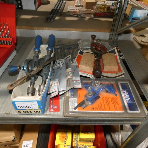 5636 - A quantity of various items including hand drills, sanding blocks etc