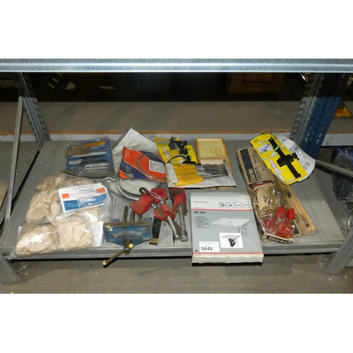 5648 - A quantity of various wood working related items including a Bosch MT250 sawing table, a vice, chise... 