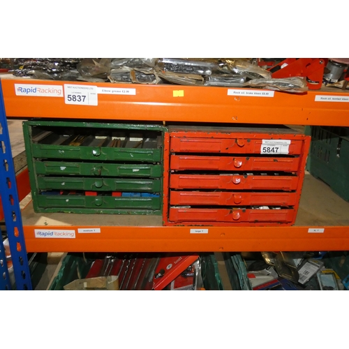 5847 - 2 x small metal five drawer cabinets containing a quantity of various drill bits, augers etc. Not pr... 