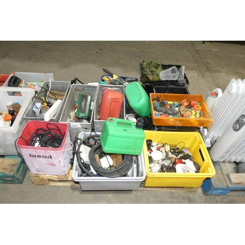 5878 - 1 pallet containing a quantity of various tools, 3 metal bins, 3 fuel cans etc. Buyer to remove all ... 