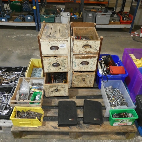 5882 - 1 pallet containing a quantity of various nuts, bolts, nails, tools etc. Please note that the 6 wood... 