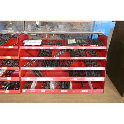 5129 - 2 x Newsome Tools red metal table top display cabinets containing a large quantity of various Imperi... 