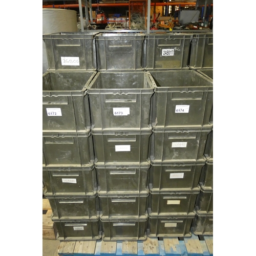 6173 - 11 x green plastic stacking boxes each approx 39 x 29 x 20cm high