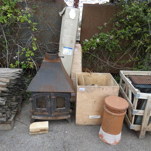 6228 - 1 woodburner, no make or model visible, measuring approx 60cm wide x 36cm deep x 100cm high, and a q... 