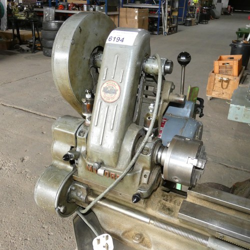 6194 - 1 x Myford metal turning lathe on a Myford cabinet 240v, overall bed length approx 65cm, bed stamped... 