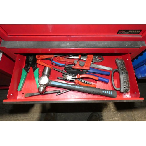 5835 - A Clarke red metal two part wheeled tool cabinet with lift up top and various drawers supplied with ... 