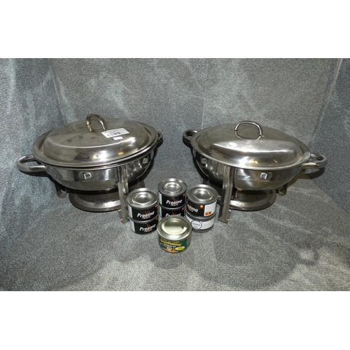 1089 - 2 x round chafing dishes with lids and chafing fuel