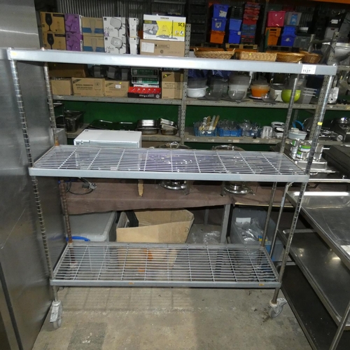 1127 - A mobile catering type rack with 3 shelves approx 150x40x169cm