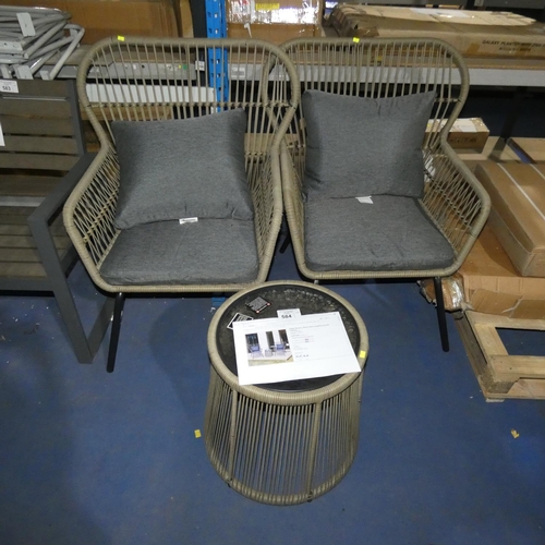 584 - An Aalijah round two person 49cm long bistro set with cushions RRP £369