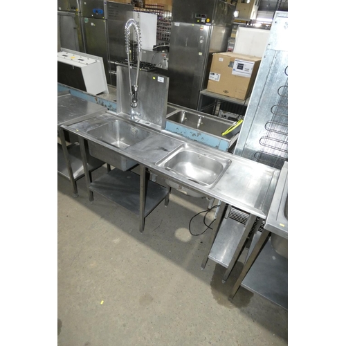 1136 - A commercial stainless steel double sink unit with spray tap approx 180x64cm