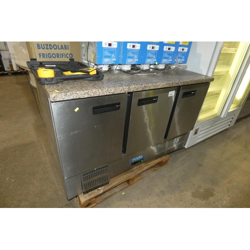 1179 - A commercial stainless steel 3 door bench fridge by Polar, unit has some damage to front grill - tra... 