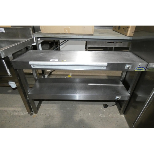 1201 - A commercial stainless steel catering 2 shelf gantry with heat lamps approx 110x30cm