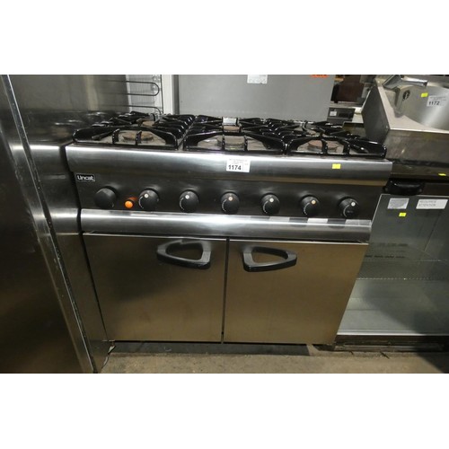 1174 - A gas fired 6 burner range with 2 door oven beneath by Lincat - trade