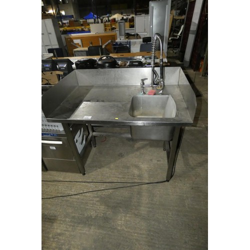 1214 - A commercial stainless steel single sink unit with spray tap approx 120x78cm