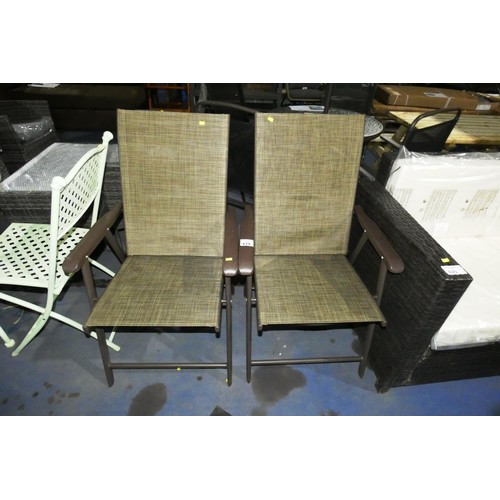 619 - 2 x brown metal framed folding garden chairs