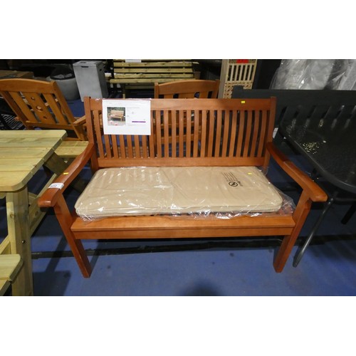 622 - 1 x Mayela sold wood traditional garden bench with a light brown cushion approx 124cm wide RRP £186