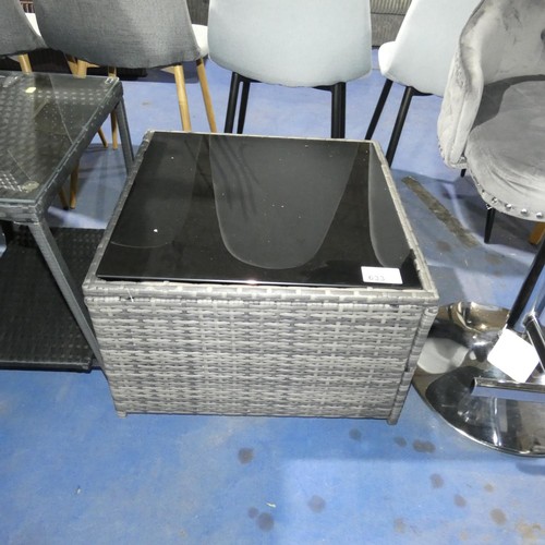 633 - 1 x synthetic rattan glass top coffee table approx 58 x 58cm