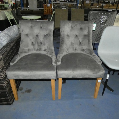 636 - 2 x grey upholstered dining chairs with metal stud decoration