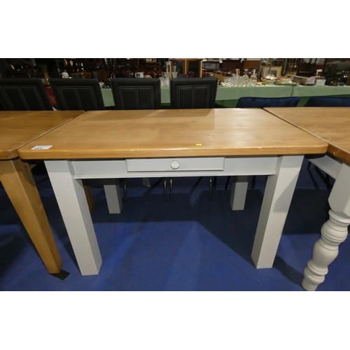 664 - 1 x Pine dining table with light grey painted legs and 1 drawer approx 120 x 76cm