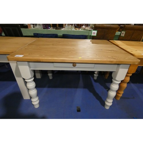 665 - 1 x Pine dining table with light grey painted legs and 1 drawer approx 120 x 90cm