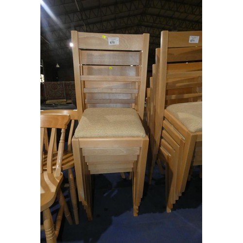 670 - A set of 6 wooden dining chairs with light coloured upholstered seat pads