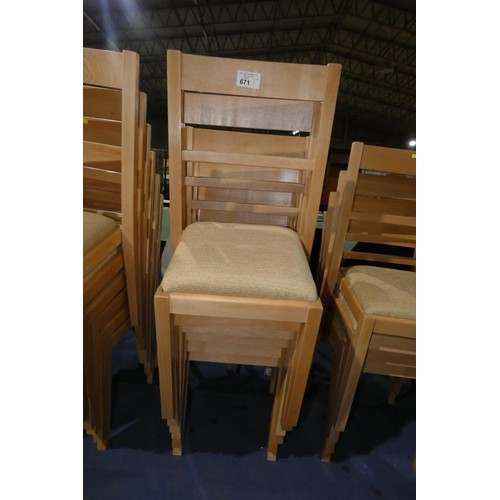 671 - A set of 6 wooden dining chairs with light coloured upholstered seat pads