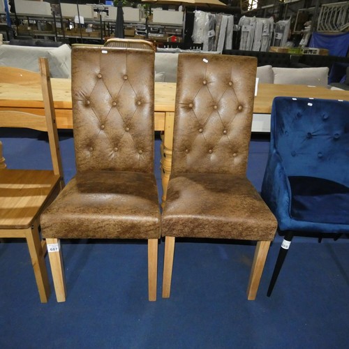 687 - 2 x brown upholstered button back dining chairs