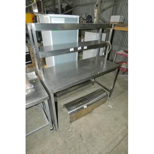 1130 - A commercial stainless steel mobile prep table with 2 shelf gantry above 240v - trade Tested Working