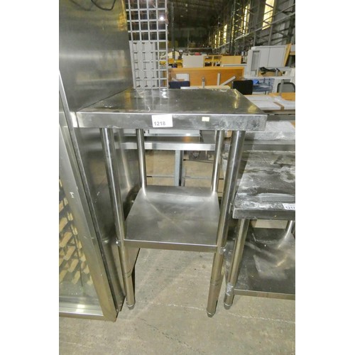 1218 - A square stainless steel catering type table with shelf beneath, approx 60x60x120cm