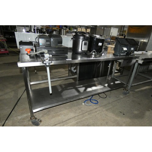 1262 - A commercial stainless steel mobile catering type table with shelf and drawer beneath and industrial... 