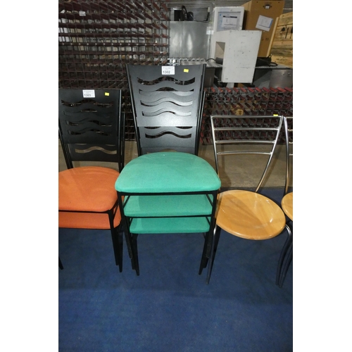 1302 - A set of 3 metal framed chairs with green upholstered seats