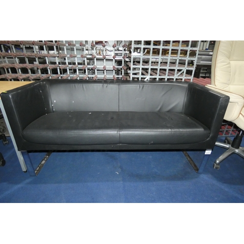 1313 - A black leather reception sofa with chrome legs by Orangebox measuring approx 161cm long