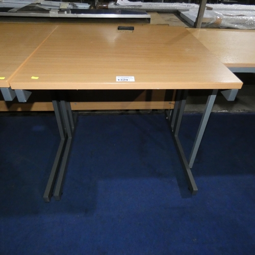 1320 - A metal framed desk with a wood effect top measuring approx 80cm x 80cm