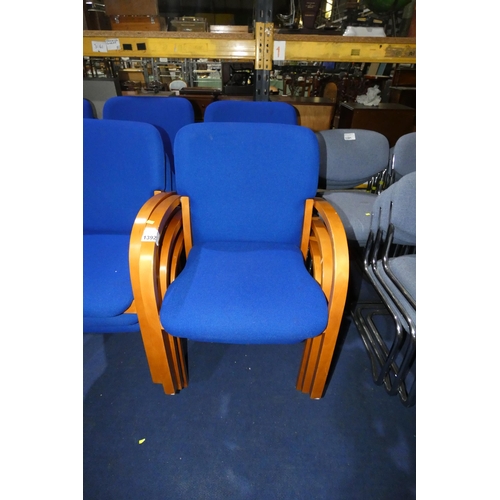 1392 - A set of 6 wooden stacking chairs with blue upholstered seats