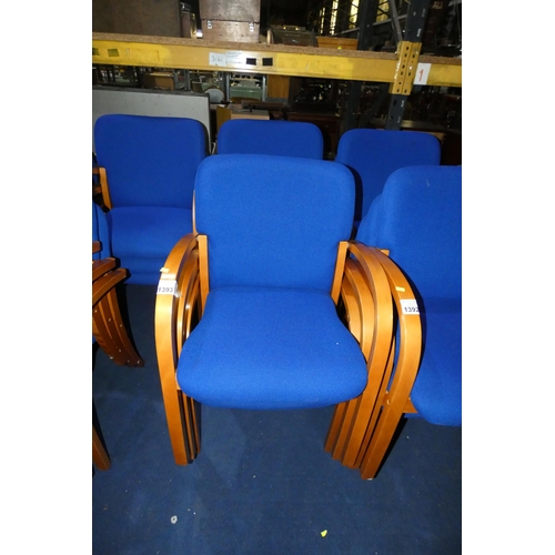 1393 - A set of 6 wooden stacking chairs with blue upholstered seats