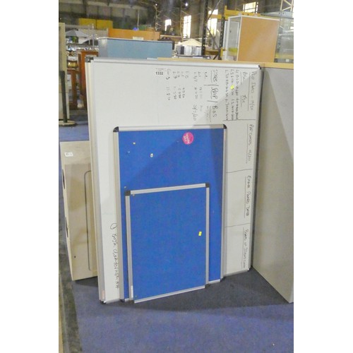 1332 - Two whiteboards measuring approximately 120 cm x 90 cm and two various pin boards