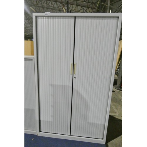 1345 - A grey metal 2 tambour door office cabinet approx 100x48x169cm