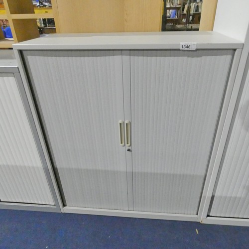 1346 - A grey metal 2 tambour door office cabinet approx 100x48x118cm