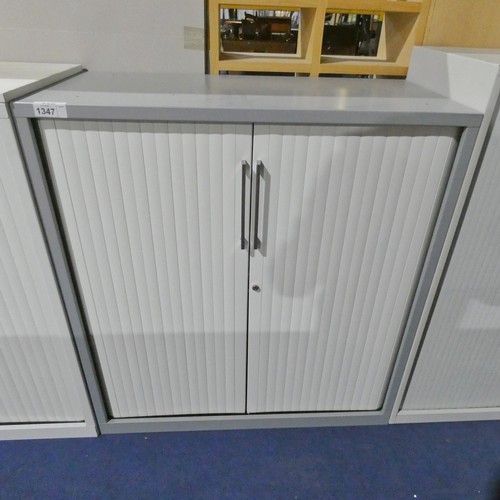 1347 - A grey metal 2 tambour door office cabinet approx 100x48x108cm