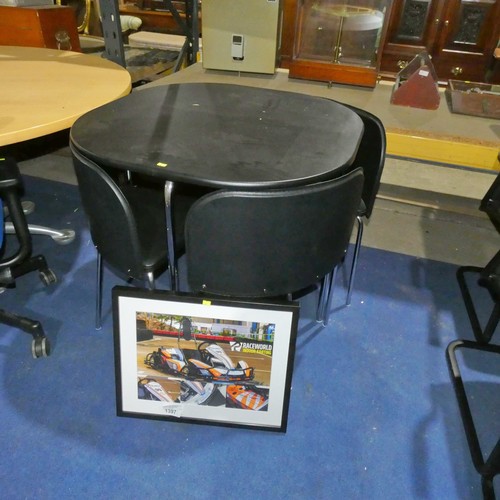 1397 - A small office meeting table with 4 chairs and a framed photograph of a go-kart (please note there i... 