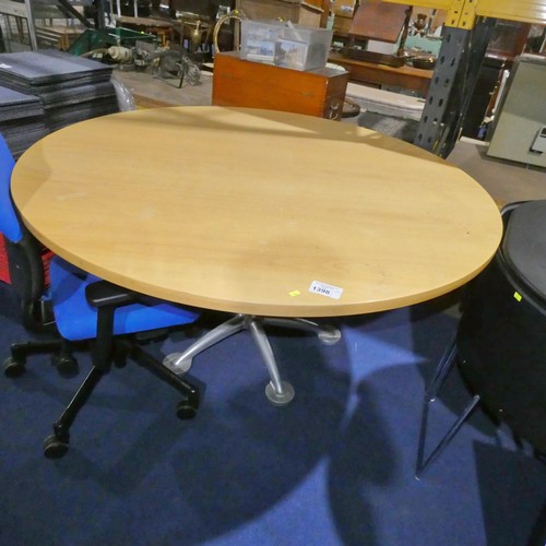 1398 - A large round wood effect table with decorative aluminium metal base approx 150cm